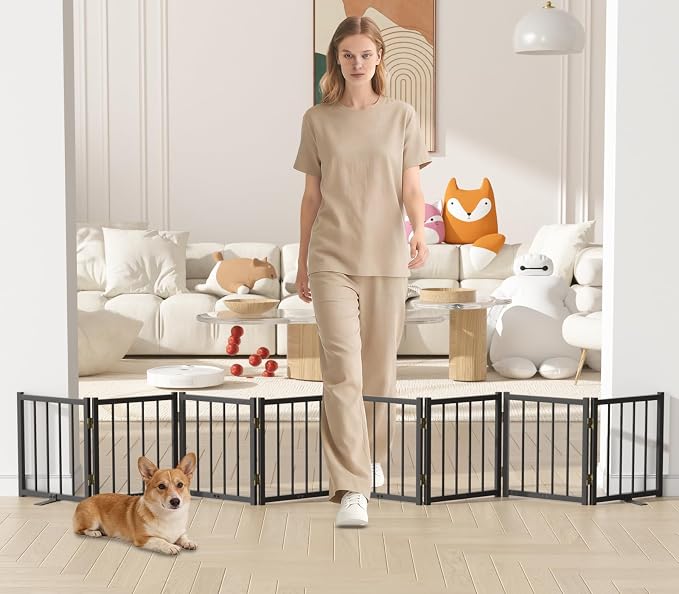 Snuowu 16" Freestanding Short Dog Gate for Small Dogs – Foldable & Retractable, Expands Up to 96" Wide, 8-Panel Pet Barrier for Doorways, Stairs & Hallways (Black)