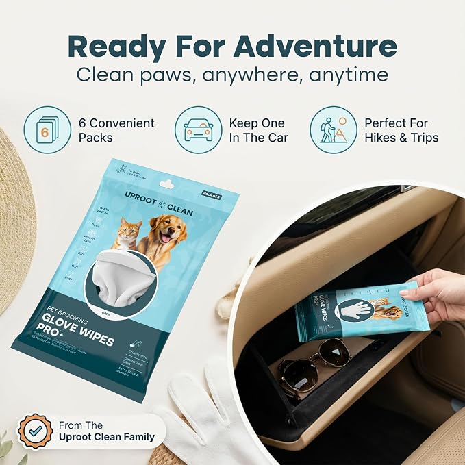 Uproot Clean Pet Grooming Gloves: Deodorizing & Grooming, 1-Month Supply | Extra-Thick Cat & Dog Wipe for Clean Paws, Eyes, Ears, Butt & Body, Lick-Safe. Mess-Free - Removing Tough Dirt, Odor, Oils