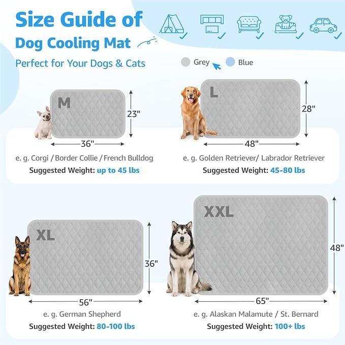 LOOBANI Dog Cooling Mat for Large Dogs 56"x36"- Cooling Pad for Dog, Cool Blanket for Dogs Machine Washable, Pet Cool Mat for Indoor, Outdoor, Couches, Crates, Car Seats for Trips (Grey, 56"x36")