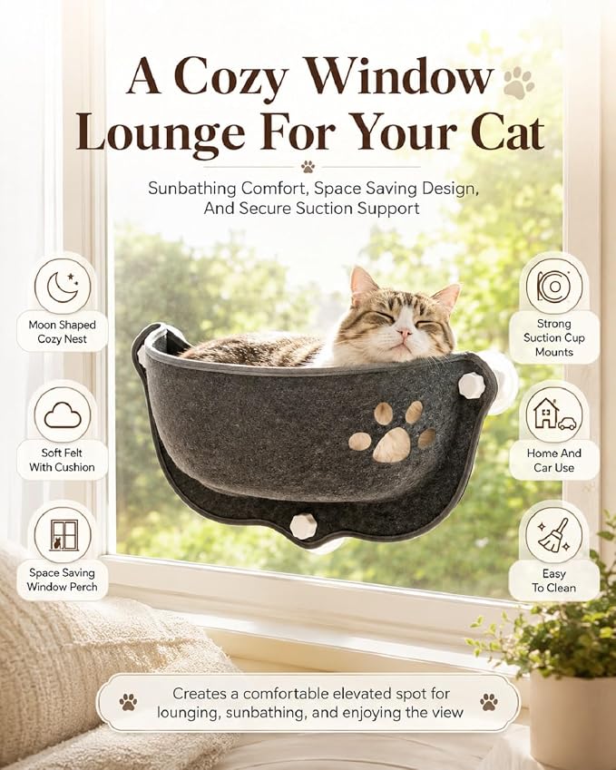 Cat Window Hammock, Suction Cup Bed for Home and Car Travel with Soft Pad | Floating Window Seat for Cats, Portable Hanging Rest Mat Sunbathing, Indoor Lounge and Vehicle Use