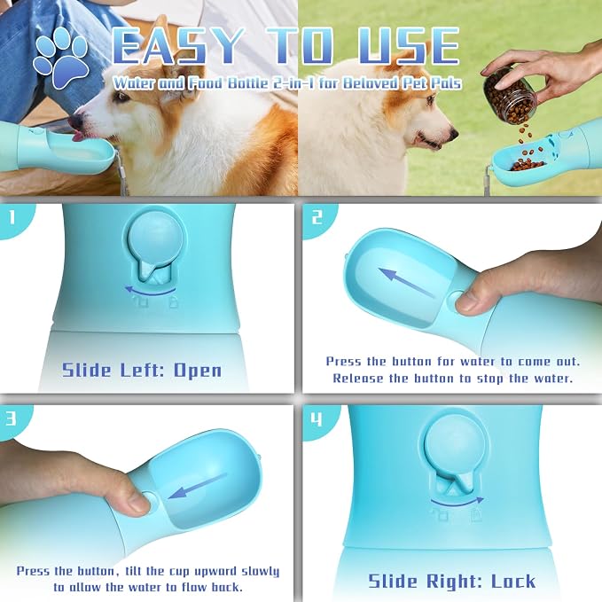 2-in-1 Dog Water Bottle Portable, Food Grade Travel Dog Bowls with Food Container, 19Oz Dog Water Bowl Dispenser, Hiking Essentials, Puppy Stuff Dogs Accessories Girl Boy (Blue)