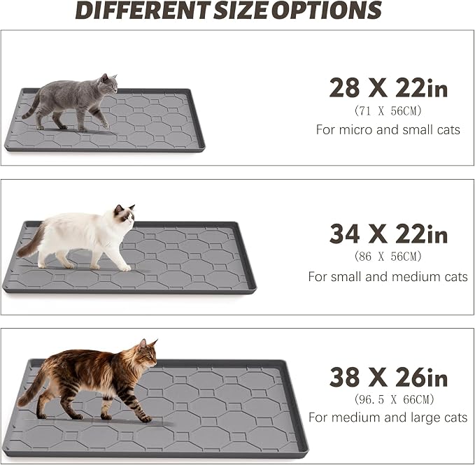 Silicone Cat Litter Mat, 34“ x 22” Waterproof Cat Litter Mats for Floors, Raised Edges Prevent Leaks and Make Cleaning Easy (Gray)