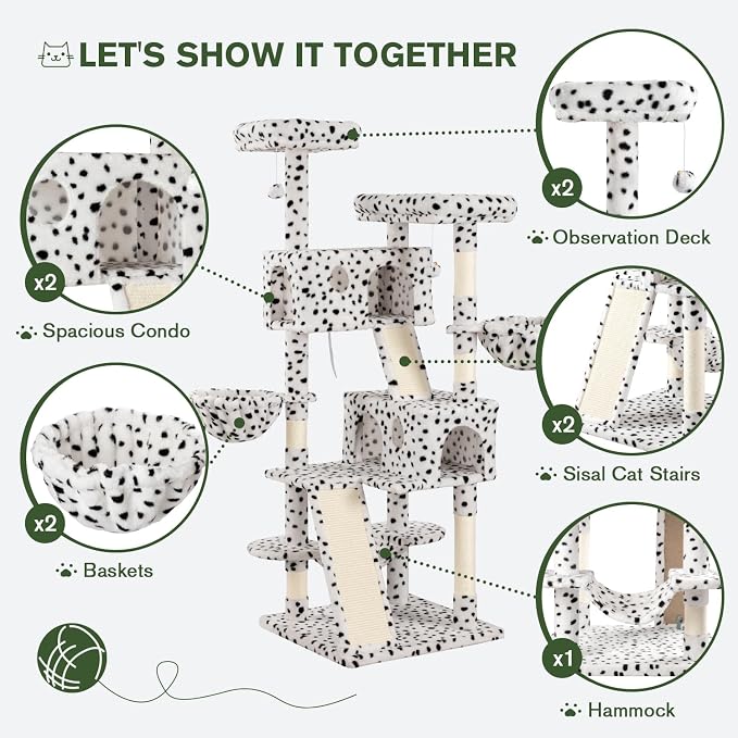 MUTICOR 66 Inches Multi-Level Large Cat Tree Tower for Indoor Big Feline/Cozy Plush Perches/Condo/Sisal Scratching Posts/Hammock and Baskets/Activity Center Play House/Wide Base/White & Black Spot