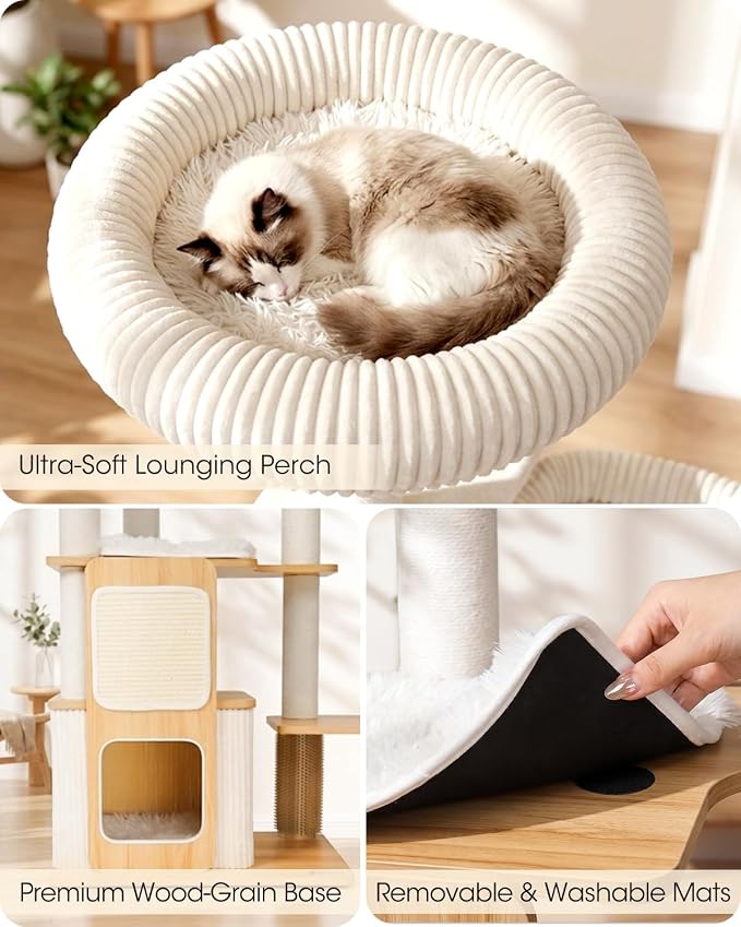 63" Wooden Cat Tree, Modern Cat Tower, Self-Grooming Brush,Natural | Heavy Duty Cat Tree, Cats Furniture, for Large Cats up to 15 lbs, Climbing Post, Plush Top Perch, Stable Base, Cozy Cat Condo