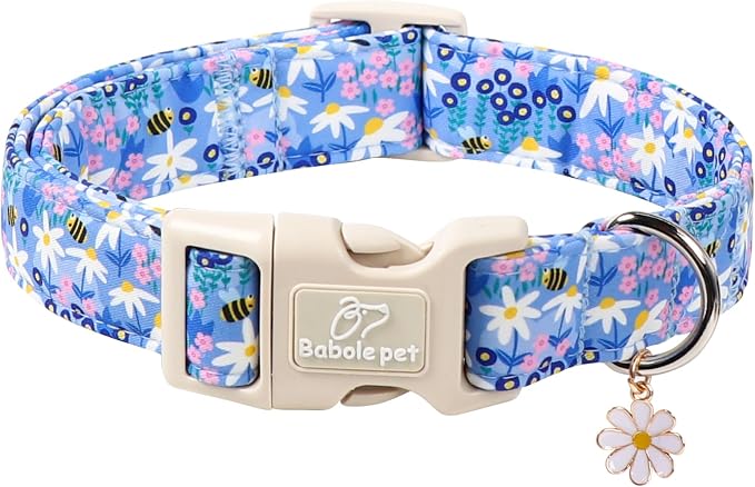 Floral Dog Collar for Large Dogs - Cute Spring Dog Collars, Soft Lightweight Bee & Daisy Puppy Collar, Breathable Adjustable Male Female Blue Wildflowers Dogs Collars XL