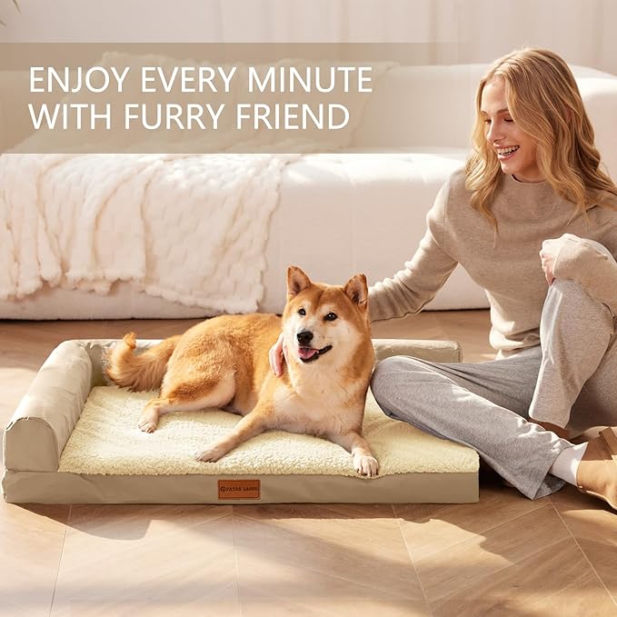 Patas Lague Orthopedic Large Dog Bed Washable Pet Sofa Bed 42''X28''Beige | 2-Sided Bolster Egg-Crate Foam Dog Couch Large Sized Dogs, Waterproof Removable Washable Cover, Nonskid Bottom Pet Crate Mat
