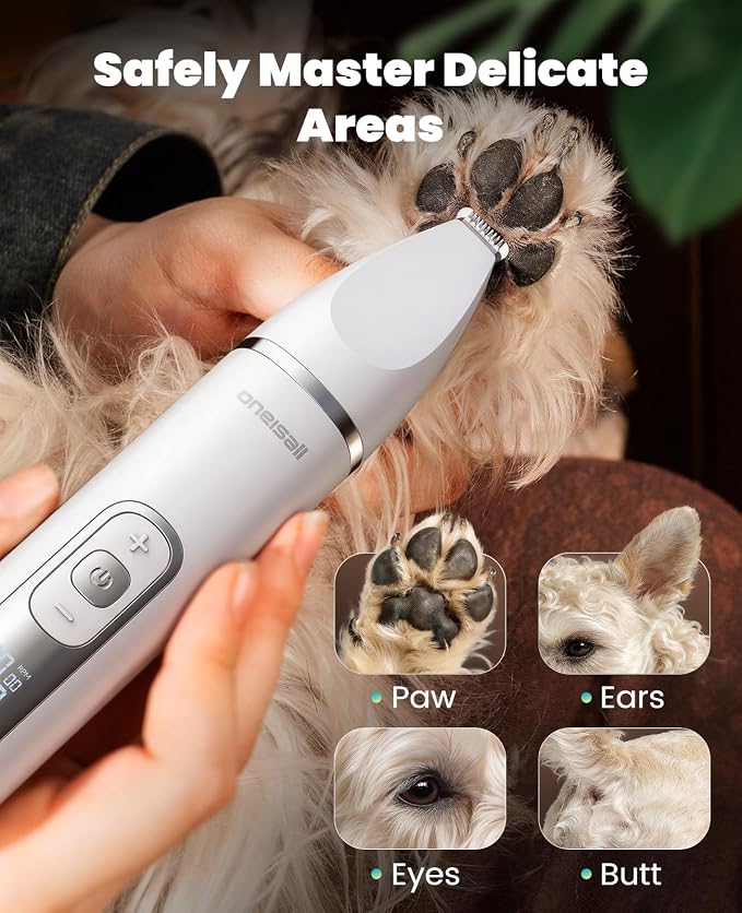 oneisall 4 in 1 Dog Grooming Kit with LCD Display (White) | Paw Hair Trimmer & Nail Grinder, Rechargeable, Cordless, Low Noise, IPX7 Waterproof, 3 Speeds Pet Grooming Clippers