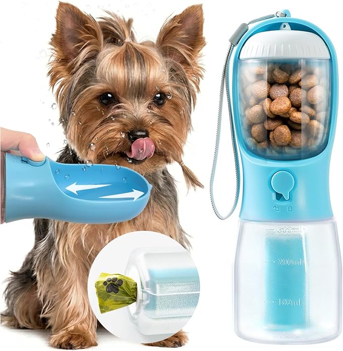 Portable Water Bottle for Small Dogs, 3 in 1 Pet Travel Bowl Dispenser with Food Treat Container & Poop Bag Holder, Summer Hiking Walking Accessories for Puppy On The Go - Blue, 10oz
