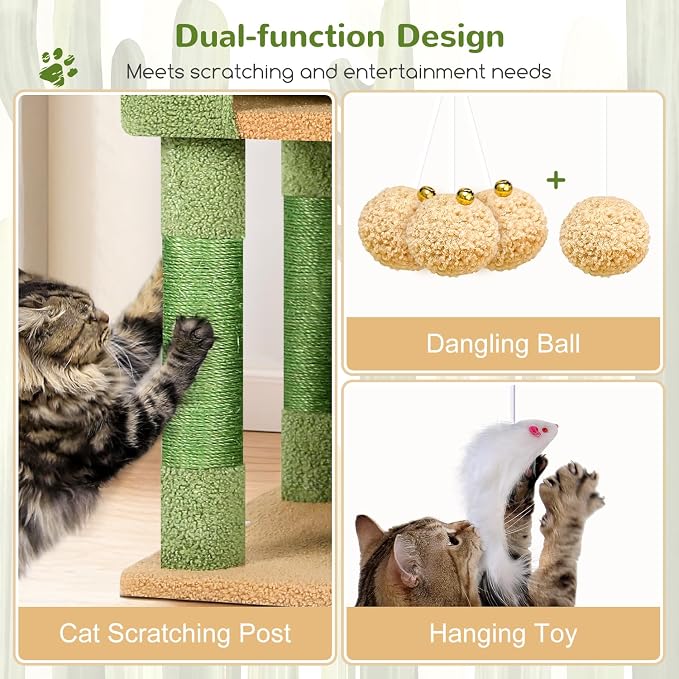 Globlazer Cactus Cat Tree Tower for Multiple Adult Cats, 82in, F82, Green | XXL Tall Cat Tree Tower for Indoor Cats with Scratching Post, 3 Perches, 2 Condos, 2 Hanging Baskets
