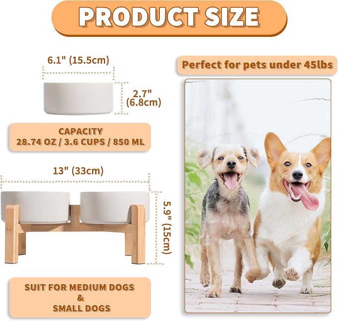 PTOBER Elevated Ceramic Dog Bowl Set - Double Feeding Bowls with Non-Slip Bamboo Stand - Raised Dog Dishes for Food and Water - Ideal for Small to Medium Breeds - 3.6 Cups