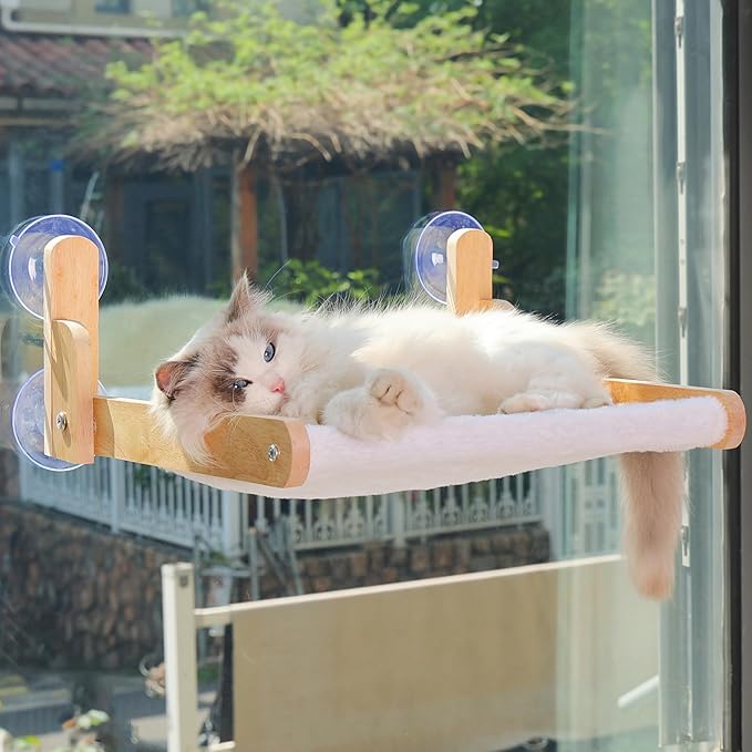 Cat Window Perch, Foldable Cat Hammock with Faux Rabbit Fur Cover | Wooden frame, four suction cups and removable washable cushion; no-drill setup, 20.47 x 14.96 in resting area for large cats.