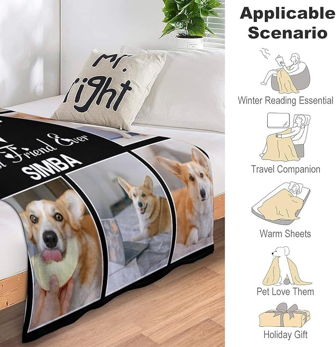 Artsadd Personalized Dog Blanket with Photos & Pet Name, Custom Dog Memorial Blanket and Throws for Remembrance, Customized Puppy Blanket, Dog Gifts for Pet Dog Lovers, Dog Mom Gifts for Women Xmas S