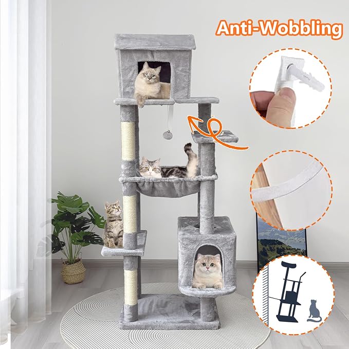 Tall Cat Tree 64 in, Multilevel Cat Tower for Adult Cats, Climbing Tree House and Towers with Condo Hammock Scratching Post Wide Base (Light Gray, 64 in)