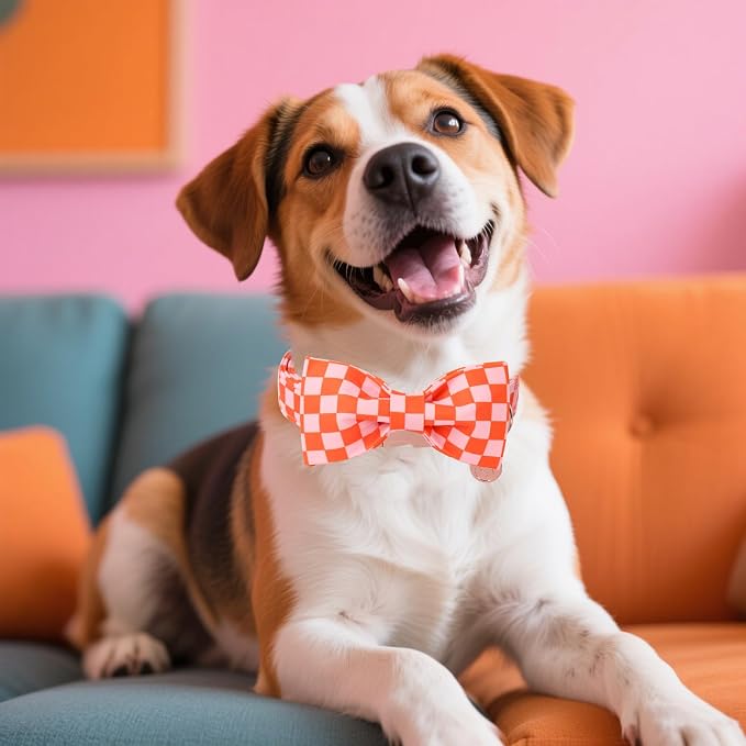 DOGWONG Orange Pink Plaid Dog Collar with Bow - Adjustable and Comfortable Autumn Dog Collar Fall Necklace for Large Medium Small Pet,XS
