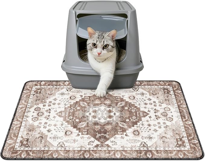 Cat Litter Mat Litter Trapping Mat, 24"x18" Waterproof Urine Proof Litter Box Mat Catcher Mat Non-Slip Washable for Kitty Kitten, Brown