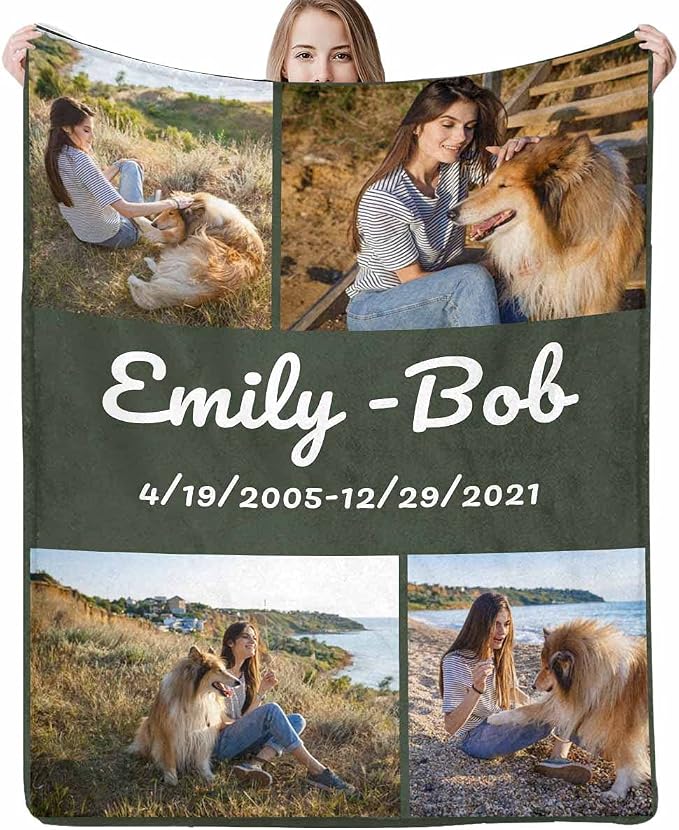 InterestPrint Dog Custom Picture Blanket- Personalized Dog Blanket Throws with Photo & Name for Dogs, Cats, Pets as Customized Gifts 4 Collages
