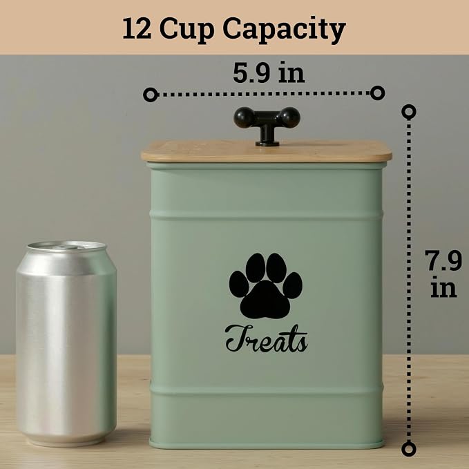 Dog Treat Container Airtight - 6 Inch Wide x 8 Inch Tall Iron Dog Treat Jar for Kitchen Counter with Airtight Bamboo Lid - 12 Cup Capacity Pet Treat Container - Doggie Cookie Jar - Big Treats Canister