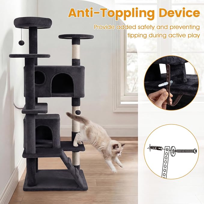 52-inch Cat Tree, Multi-Level Cat Tower with Sisal Scratching Posts, 2 Comfy Condos, Plush Padded Soft Top Perch, Dangling Balls, and Climbing Ladder, Ideal for Indoor Cats (Dark Grey)