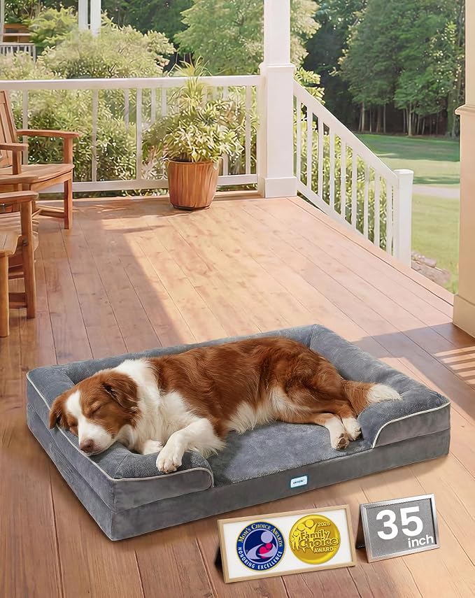 OhGeni Orthopedic Dog Bed Couch Cat Sofa for Large Sized Pets with Memory Foam, Machine-Washable Waterproof Removable Cover, Soft Comfortable Fabric, 35-inch (Gray)