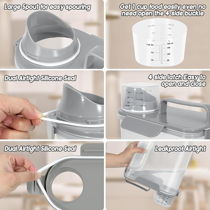 5-7LBS Airtight Dog Cat Food Storage Container with Upgraded Large Nozzle BPA-free, 4 Snap Seals Plastic Pet Food Storage Container with Handles are Easy to Clean and Carry- Light Gray
