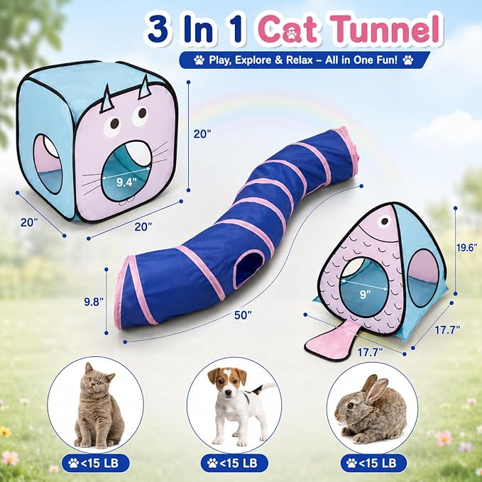 Rypet Cat Toy Tunnel and Cubes Bundle - Interactive Crinkle Collapsible Cat Tube and Foldable Cubes Playground for Kitty, Rabbit, Puppy, Ferret Hiding Hunting and Resting