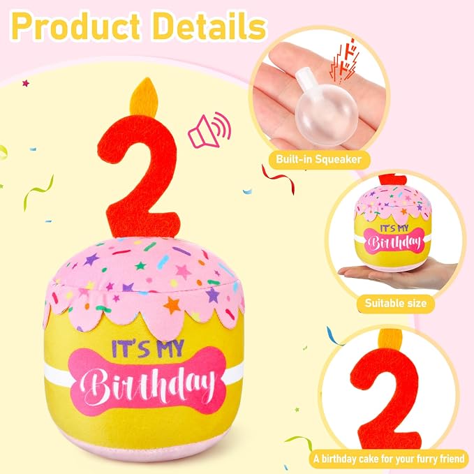 Dansydaisy Dog Birthday Cake Toy Squeaky Plush Toy for Girl Boy Gifts, Chew Accessories for Dog Birthday Party Decor Favor for Large, Medium and Small Dogs(2nd,Pink and Yellow)