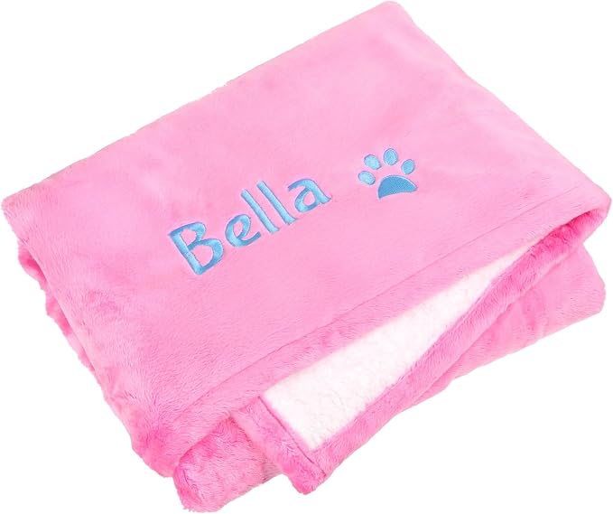 GoTags Personalized Premium Fluffy Dog Blanket, Super Soft Sherpa Fleece Blanket for Pets with Custom Embroidered Name and Paw, Large (40x30 inch), Pink