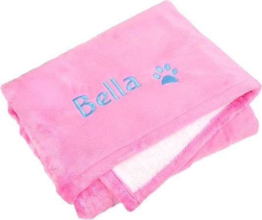 GoTags Personalized Premium Fluffy Dog Blanket, Super Soft Sherpa Fleece Blanket for Pets with Custom Embroidered Name and Paw, Large (40x30 inch), Pink