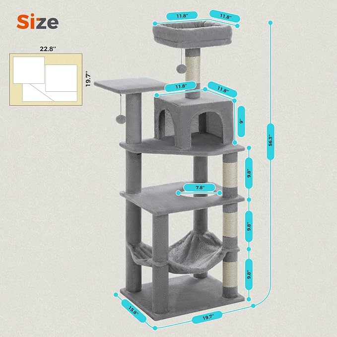 PEQULTI 56.3'' Cat Tree for Indoor Cats, Multi-Level Cat Tower with 2 Top Perch, Cat Condo, Hammock and Sisal-Covered Scratching Post