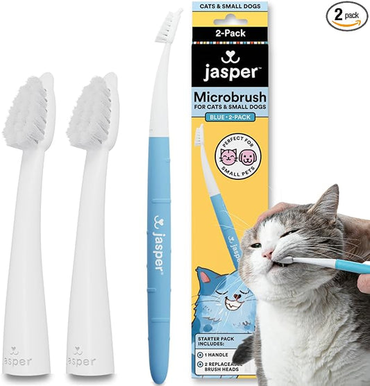 Jasper Microbrush Vet Approved Cat Toothbrush, Soft-Bristled Toothbrush Kit for Felines & Small Dogs, Non-Slip Handle with 2 Replaceable Tooth Brush Heads, Use with Cat Toothpaste, 2-Pack, Blue