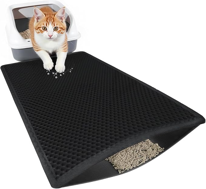 Small Cat Litter Mat Double Layer Waterproof Proof Litter Box mat, Non-Slip Design, Reduces Litter Scatter, Easy to Clean, Black 24''x 14.9''Inch