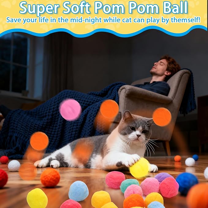 Mity rain 52PCS Cat Ball Launchers & Pom Pom Balls Interactive Cat Toy Set – Safe Soft Plush Kitten Toys for Indoor Cats, Fun Kitten Toys for Endless Active Play