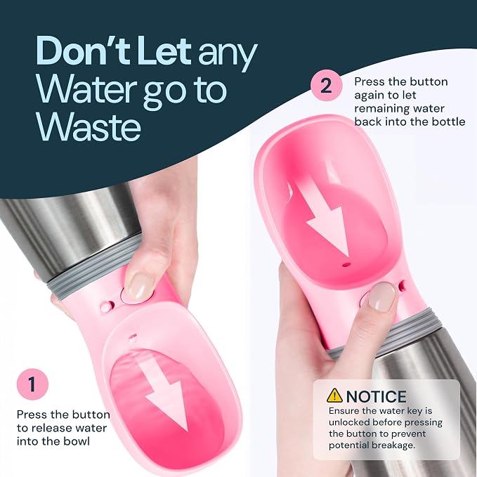 MalsiPree Insulated Dog Water Bottle - 24 oz Pink, Stainless Steel | 24oz insulated steel bottle & bowl - leak-proof - Use for dog travel, hiking, park & beach days