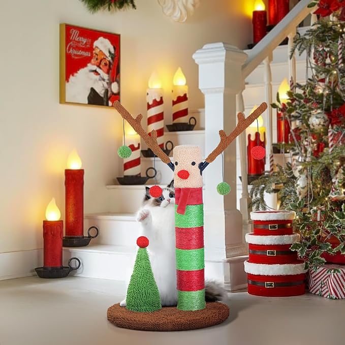 BOLUO Christmas Cat Scratching Post Deer Cat Trees for Adult Cats Scratcher Cute Toy Kitten Kitty Sisal Scratch with Teaser Ball Indoor 25 inch