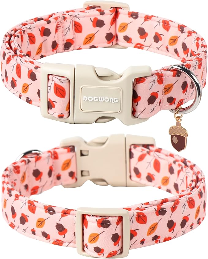 DOGWONG Fall Hazelnut Maple Dog Collar- Pink Fall Holiday Dog Collars Adjustable Autumn Leaf Dog Collar for Small Medium Large Dogs S