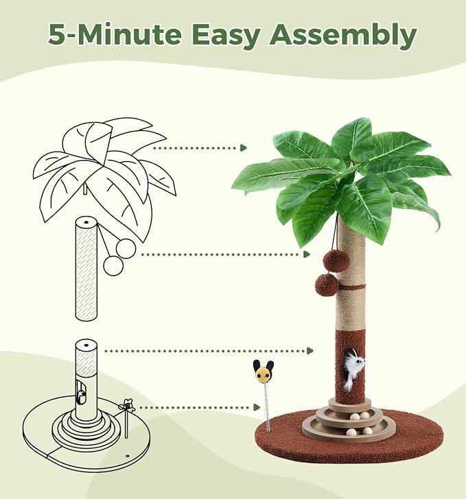 Made4Pets 27" Tall Cat Scratching Post with Sisal Rope, Interactive Hanging Balls, Toy Mouse and Two-Layer Ball Track Kitten Toys, Palm Tree Cat Scratcher Tower for Indoor Cats and Kittens