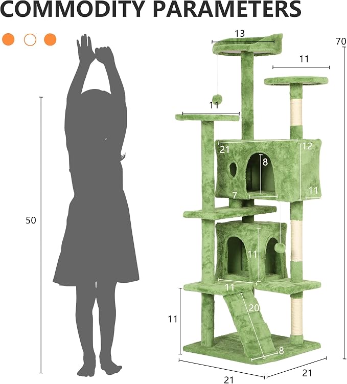 BestPet | 70" Cat Tree Tower | Green | Sturdy, Easy to Assemble, Multi-Level Activity Center with Sisal Scratching Posts, Condos, Perches, Hanging Cat Toys, Observation Decks & Ladder