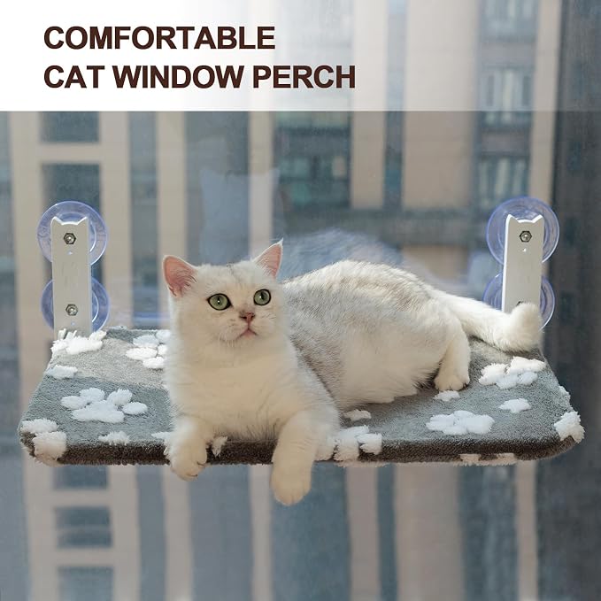 Cute Cat Window Perch, Foldable Cat Window Hammock, Grey | Cordless Window Seat Bed for Indoor Cats, 3D Textured Paw Cover, Strong Suction Cups
