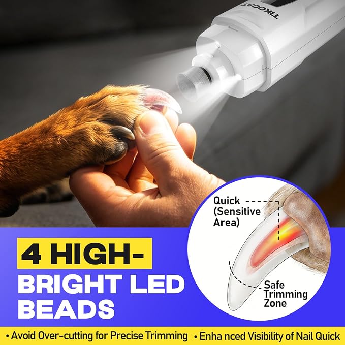 Whisper-Quiet Dog Nail Grinder, 50% More Powerful 6-Speed Pet Nail Trimmer with 4 LED Lights & LED Display, No Over-Cutting, 3 Grinding Bits, Grooming Kit for Dogs & Cats All Sensitive Pets