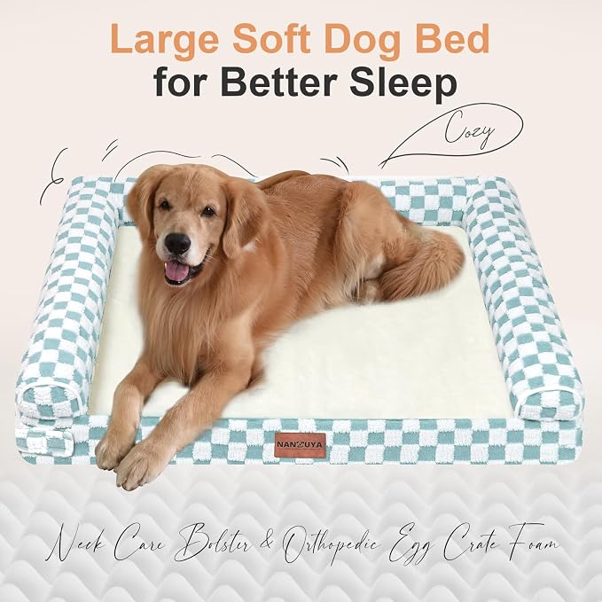 NANUYA Orthopedic Dog Bed for Large Dogs, 38 x 25 Inch, Green Grid | Egg crate foam for joint support, 3-sided bolster pet sofa, waterproof lining, washable cover, and non-skid base