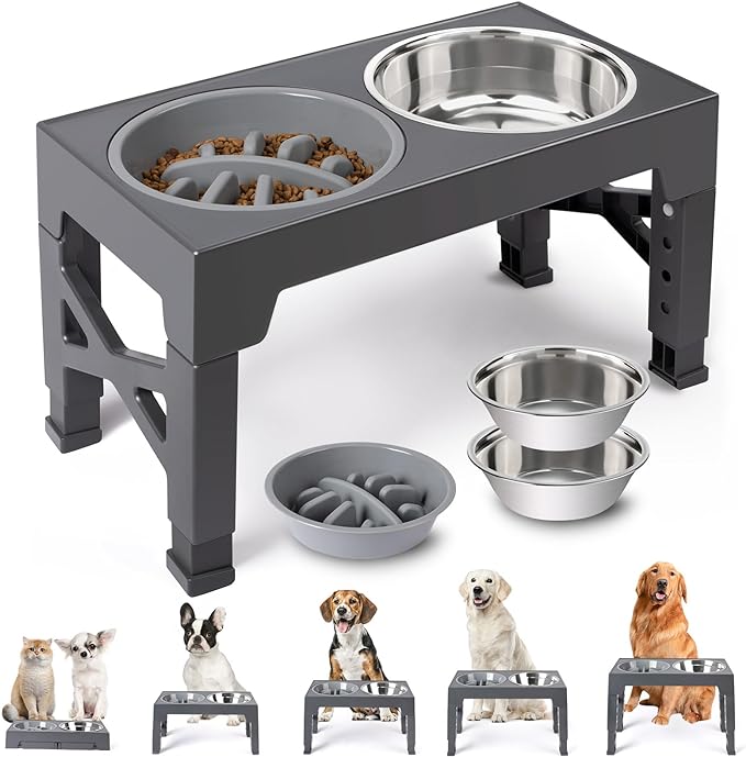 Elevated Dog Bowls with 5 Adjustable Heights Stand | 2 Stainless Steel Bowls, 1 Slow Feeder, 3.2" to 12.2" Hegiht Raised Dog Bowl for Small to Large Dogs