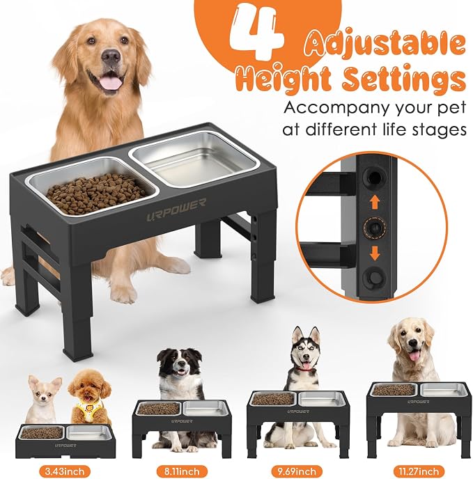 URPOWER Raised Dog Bowls 4 Height Adjustable Elevated Bowl Stand | Stainless Steel Water Bowl Non-Slip Dog Food Bowls Stand for Small Medium Large Dogs and Pets