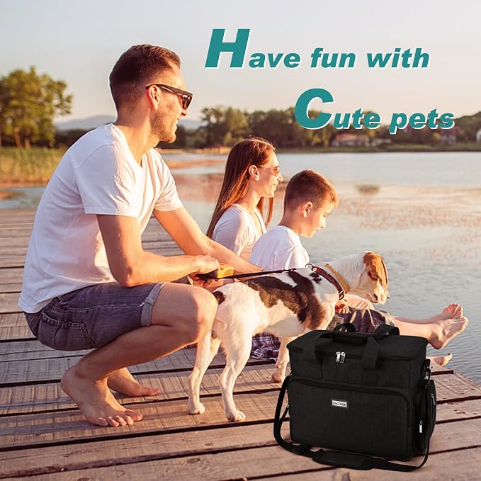 BAGLHER Dog Travel Bag, Airline Approved Pet Tote Organizer with Multi-Function Pockets, 2 X Food Storage Containers and 2 X Collapsible Bowls, Perfect Weekend Pet Travel Set for Dog, Cat Black