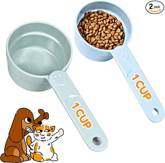 1 Cup Dog Food Scoop, Extra Long Handle Sturdy Melamine Pet Food Measuring Scoop with Clear Marking Lines, BPA-Free, Shatterproof, Dishwasher Safe (Green + Blue, 1 Cup)