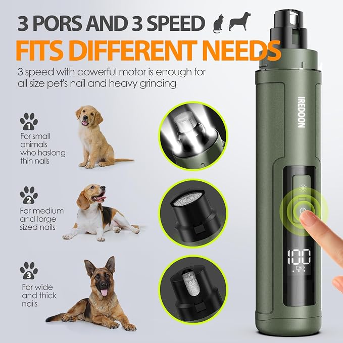 IREDOON Dog Nail Grinder Upgraded - Professional 3-Speed Super Quiet and Low Vibration Electric Pet Nail Grinder with 4 LED Lights - Painless Paws Grooming & Smoothing for Small to Large Dogs (Green)