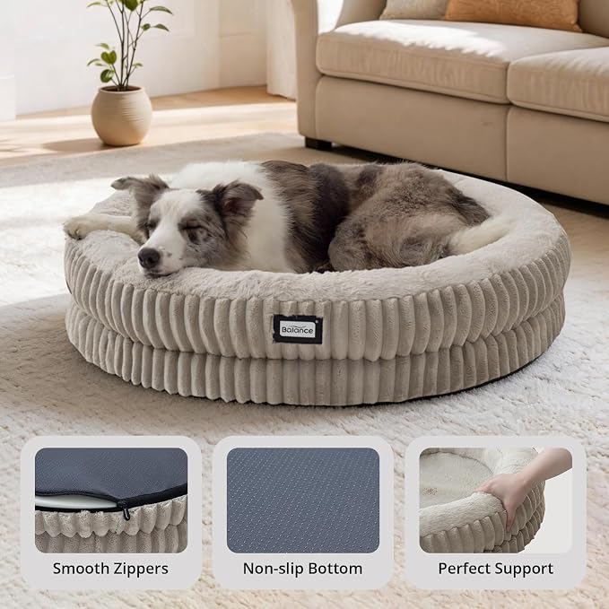 BALANCE Donut Dog Bed, 36 Inches Round Dog Bed Large Size Dogs Washable, Orthopedic Calming Dogs Beds for Kitten, Fluffy Plush Faux Fur Pet Bed with Anti-Slip Bottom