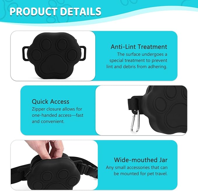 Dog Treat Pouch with Training Clicker and 2 Poop Bags, 1.8 Cup Small Sealable Zipper Silicone Fanny Pack with Waist Belt, Pet Puppy Training & Walking Essentials (Black)