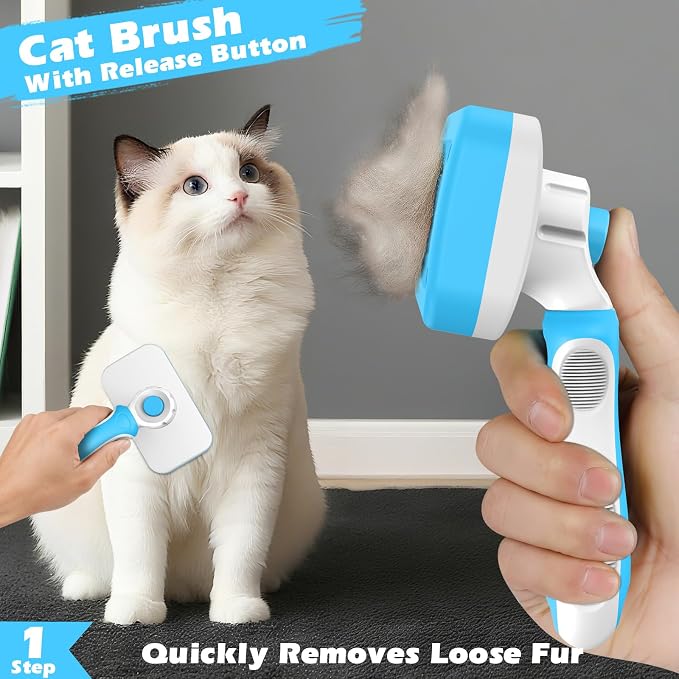 3PCS Cat Grooming Supplies, Cat Brush & Nail Clipper/Trimmer & Flea Comb for Shedding Indoor Cats Essentials Stuff Accessories (Blue)