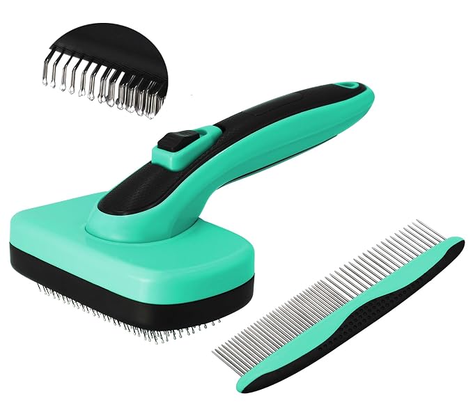 pain free bristle Self Cleaning Slicker Brush + FREE 7.5" Steel Comb for Small, Medium，Large dogs and cats,Easy to Clean Shedding Removes Mats Tangles and Loose Hair