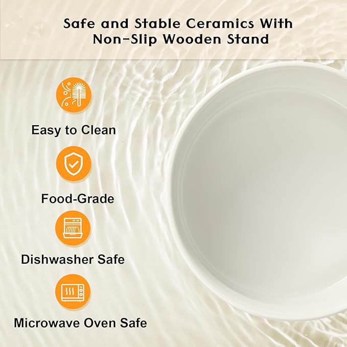 SPUNKYJUNKY Ceramic Elevated Dog Bowls 2 Pack - 6.1inch Raised Dog Bowls with Non-Slip Wooden Stand for Medium Dogs Dishwasher Safe(White,28.7OZ*2)